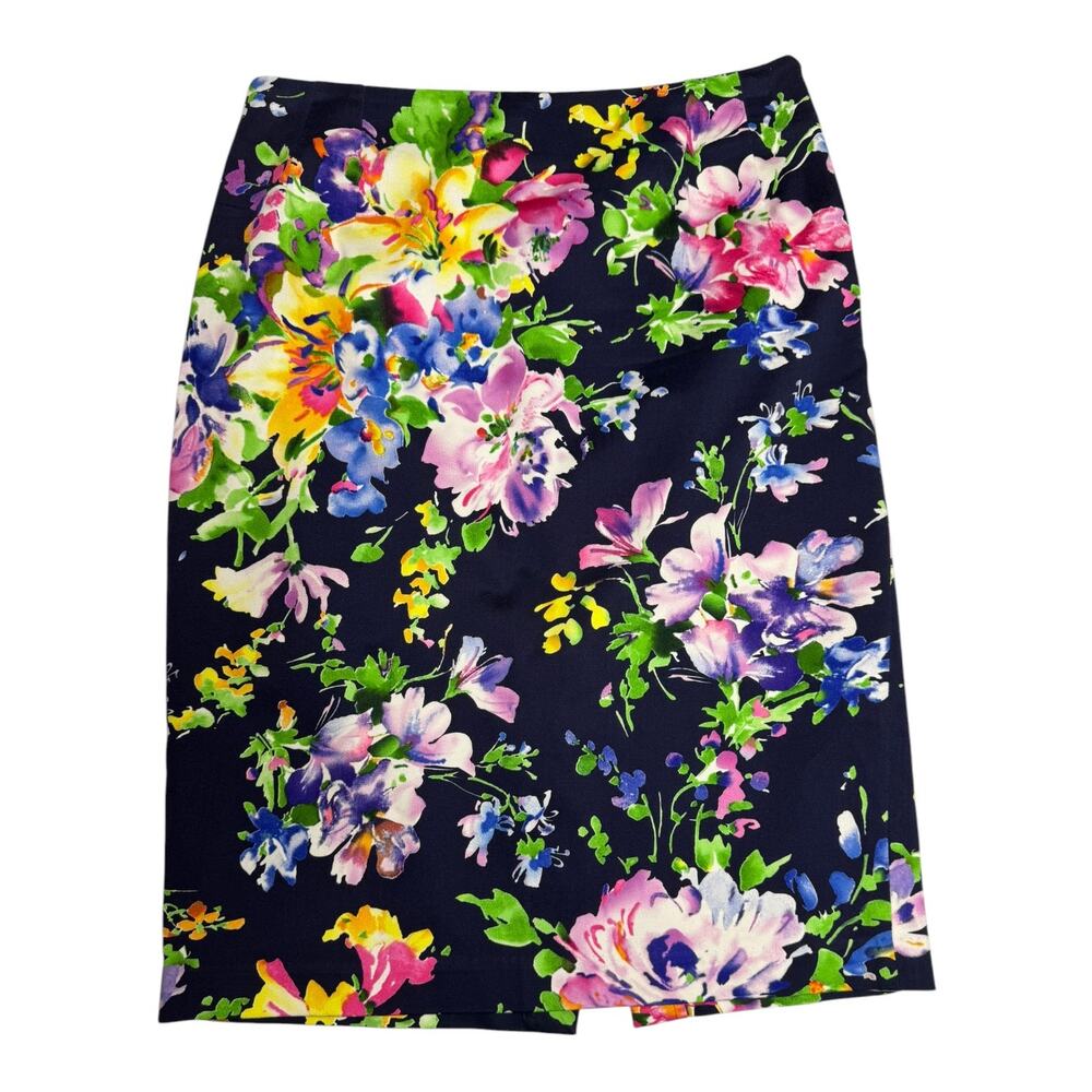Lauren Ralph Lauren Cotton Stretch Knee Length Pencil Skirt Navy Blue Floral 4